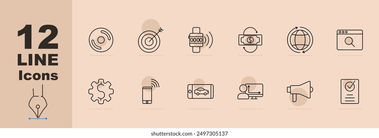 Digital marketing set icon. Target, smartwatch, money transfer, globe, search, cogwheel, mobile marketing, car ad, computer monitor, megaphone, approval