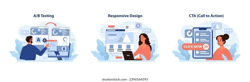 Digital marketing set. Man compares A B tests, woman enjoys responsive web layout, user engages with persuasive call-to-action. User experience optimization. Flat vector illustratio