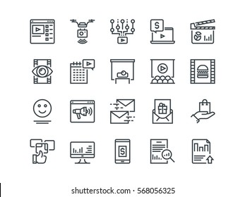 Digital Marketing. Set of outline vector icons. Includes such as Viral video, Food photo, Aerial shooting and other