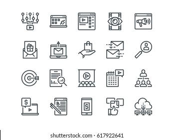 Digital Marketing. Set of outline vector icons. Includes such as Viral video, E-commerce, Analytics and other. Editable Stroke. 48x48 Pixel Perfect.