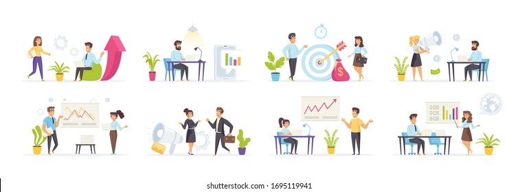 Digital marketing set with people character in various scenes creator kit and situation. Business analyst presenting marketing research. Bundle of business analysis marketing in flat style.