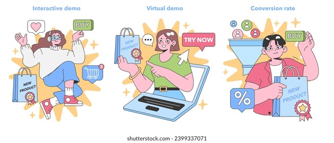 Digital Marketing set. Showcasing interactive and virtual demos leading to increased conversion rates for new products. Flat vector illustration