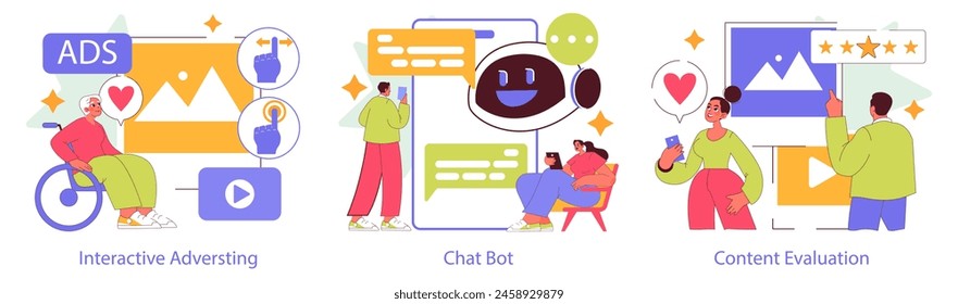 Digital Marketing set. Showcasing interactive advertising, chat bot communication, and content evaluation. Modern user engagement strategies. Vector illustration.