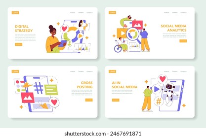 Digital Marketing set. Strategies for social media success, analytics, cross-posting, and AI integration. Engaging online business promotion. Vector illustration.