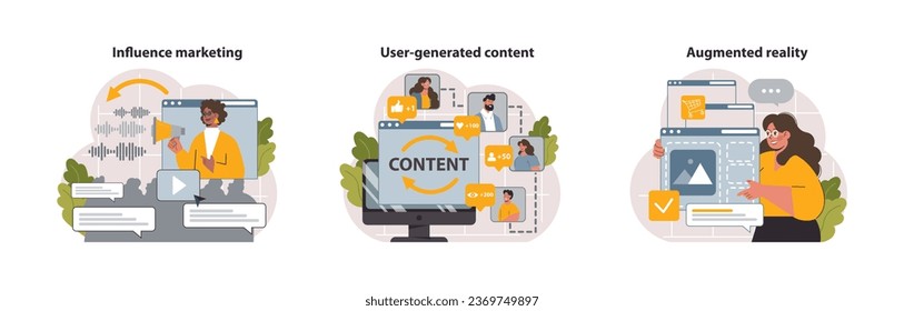 Digital marketing set. Marketing strategy development innovative techniques, tools and services. Web marketing technologies for brand online promotion. Flat vector illustration