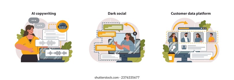 Digital marketing set. Marketing strategy development innovative techniques, tools and services. Web marketing technologies for brand online promotion. Flat vector illustration