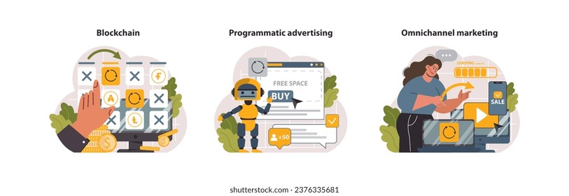 Digital marketing set. Marketing strategy development innovative techniques, tools and services. Web marketing technologies for brand online promotion. Flat vector illustration