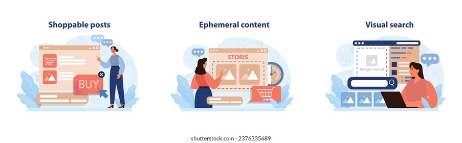 Digital marketing set. Marketing strategy development innovative techniques, tools and services. Web marketing technologies for brand online promotion. Flat vector illustration