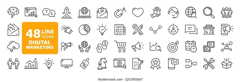 Digital Marketing set of web icons in line style. Marketing icons for web and mobile app. Sales, e-commerce, SEO, business, feedback, analytics, ads, communication, content. Vector illustration