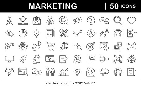 Digital Marketing set of web icons in line style. Marketing icons for web and mobile app. Sales, e-commerce, SEO, business, feedback, analytics, ads, communication, content. Vector illustration