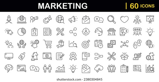 Digital Marketing set of web icons in line style. Marketing icons for web and mobile app. Sales, e-commerce, SEO, business, feedback, analytics, ads, communication, content. Vector illustration