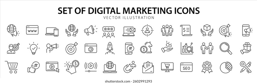 Digital marketing set of web icons in line style. Marketing icons for web and mobile app. Communication, advertising, ecommerce, seo, content, product, target audience, website, social media.