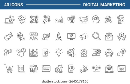 Digital marketing set of web icons in line style. Marketing icons for web and mobile app. Communication, advertising, ecommerce, seo, content, product, target audience, website, social media and more 
