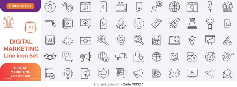 Digital marketing set of web icons in line style. Marketing icons for web and mobile app. Communication, advertising, ecommerce, seo, content, product, target audience, website, social media and more.