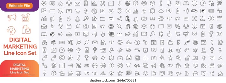 Digital marketing set of web icons in line style. Marketing icons for web and mobile app. Communication, advertising, ecommerce, seo, content, product, target audience, website, social media and more.
