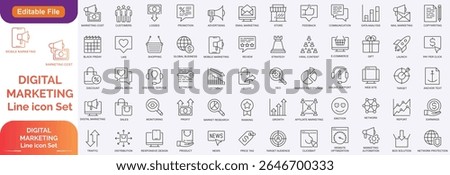 Digital marketing set of web icons in line style. Marketing icons for web and mobile app. Communication, advertising, ecommerce, seo, content, product, target audience, website, social media and more.