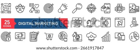 Digital marketing set of web icons in line style. Marketing icons for web and mobile app. Communication, advertising, ecommerce, seo, content, product, target audience, website, social media and more