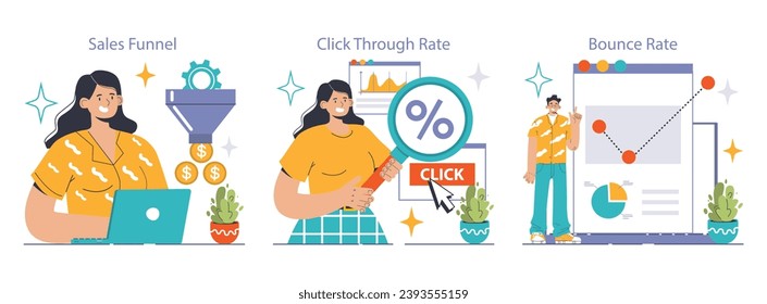 Digital Marketing set. Woman analyzes sales funnel, man inspects click-through metrics, analyzing bounce rate graph. Consumer behavior, user engagement, website performance. Flat vector illustration