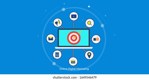 Concepto simple de marketing digital, marketing digital incluyendo SEO, correo electrónico, video, medios sociales - ilustración conceptual vectorial con iconos