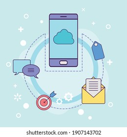 Digital marketing smartphone with icon set design, ecommerce and shopping online theme Vector illustration