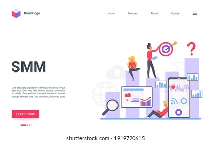Digital marketing, smm digital web technology vector illustration. Cartoon team of people marketer work on website content promotion in internet and social media, analyzing charts graphs landing page