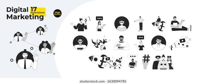 Digital marketing and social engagement outline illustrations mega bundle. Viral promotion. Diverse influencers, content makers 2D linear images isolated. Collection black and white vector drawings