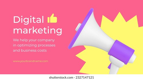 Digital marketing social media advertising SEO product public announce 3d banner realistic vector illustration. Internet megaphone communication service promo campaign optimization management