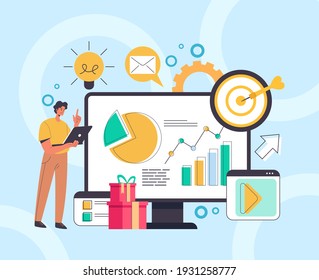 Digital marketing social media analysing infographic concept. Vector flat graphic design illustration