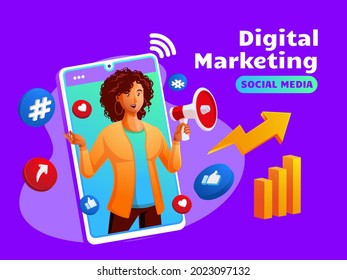 Digital Marketing Social Media with a black woman and smartphone symbol