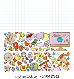 Digital marketing, social media, communications, management. Background for banners.