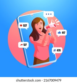  digital marketing social media concept with woman screaming with megaphone