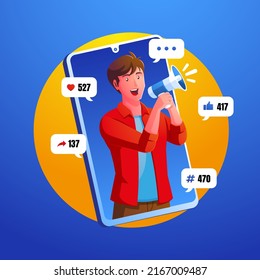 digital marketing social media concept with a man screaming with megaphone