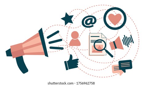 Digital marketing, social media and content management, loudspeaker and related icons, vector illustration, website banner template, internet technology concept.