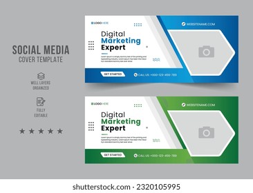 Digital marketing social media cover photo template design. digital marketing agency web banner. business marketing social media cover design with green color. web banner. Editable web Banner Template