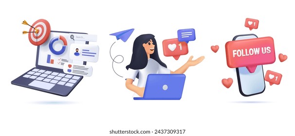 Digital marketing, social media market or advertising concept design 3D. Character working at business project strategy and analyzing data. 3D Vector illustration set