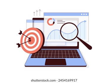 Marketing digital, mercado de redes sociales o diseño de conceptos publicitarios. Personaje trabajando en la estrategia del proyecto empresarial y analizando datos. conjunto de Ilustraciones vectoriales