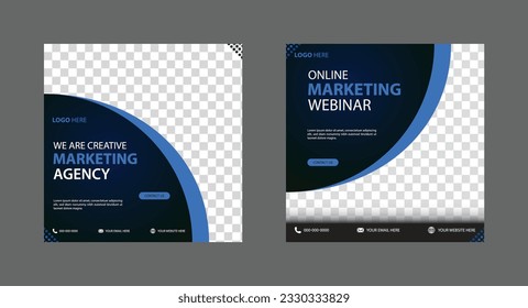 digital marketing social media post template. Modern banner design with blue color ribbon decoration and place for the photo. Corporate and digital business marketing promotion post design.