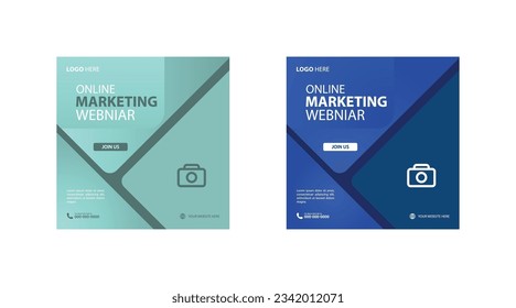 digital marketing social media post template. Modern banner design with blue color ribbon decoration and place for the photo. Corporate and digital business marketing promotion post design.