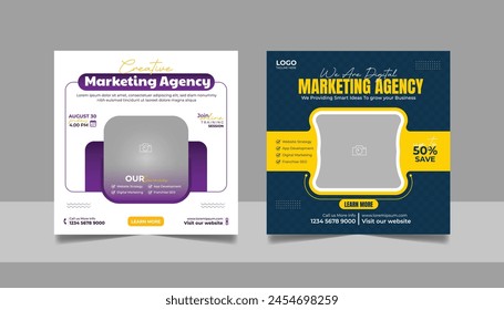 Digital Marketing Social Media Post Template, Online Live Webinar, Business Conference, Guest Speaker Web Banner Square Flyer Design Set.