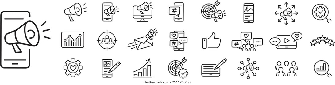 Digital marketing, Social Media Marketing SMM icon set. line vector illustration.