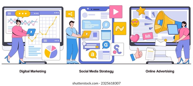 Digital Marketing, Social Media Strategy, Online Advertising Concept with Character. Digital Advertising Abstract Vector Illustration Set. Audience Targeting, Conversion Optimization Metaphor.