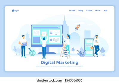 Digital Marketing, social network and media communication. Business analysis, targeting, management. SEO, SEM.  landing web page design template decorated with people characters.