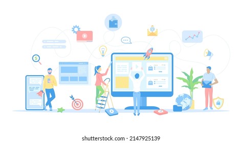 Digital marketing, Social network Media communication. Business analysis, targeting, management. Group of men and women working together. Conceptual flat vector illustration for web and graphic design