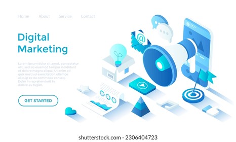 Digital Marketing, social network and media communication. Analysis, targeting, management. Isometric illustration. Landing page template for web on white background.	
