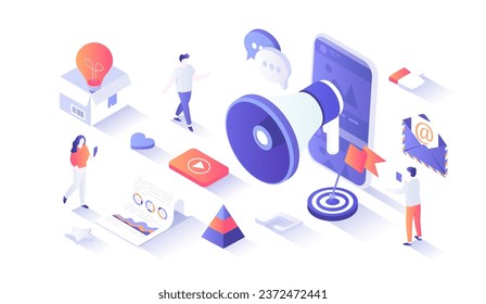 Digital Marketing, social network and media communication. Analysis, targeting, management. Isometry illustration with people scene for web graphic.	
