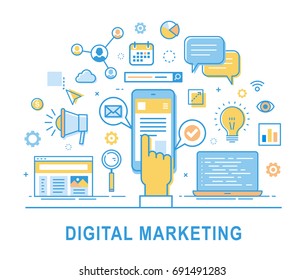 Digitales Marketing. Social Network, Medienkommunikation, SEO, SEM, Promotion. Medienplanung, Online-Geschäft, Einkauf, Finanzanalyse und Statistik. Dünne Linienführung. Infografiken-Elemente.