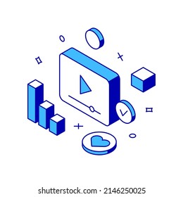Digital marketing social networking promo campaign multimedia content analyzing isometric vector illustration. Effective internet advertising business management analytics statistic diagram