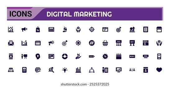 Digital marketing solid icon set. website, social media, seo, sales and more, Filled vector symbol collection. glyph icons for web and ui. Vector illustration.