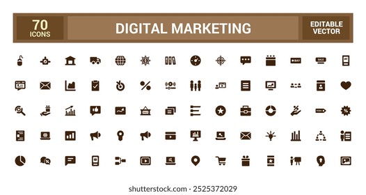 Conjunto de iconos sólidos de marketing digital. Sitio web, redes sociales, SEO, ventas y más, colección de símbolos de Vector lleno. iconos de glifo para Web y UI. Ilustración vectorial.