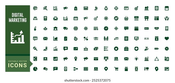 Digital marketing conjunto de ícones sólidos. site, mídia social, seo, vendas e muito mais, coleção de símbolos vetor preenchido. ícones de glifo para web e ui. Ilustração vetorial.
